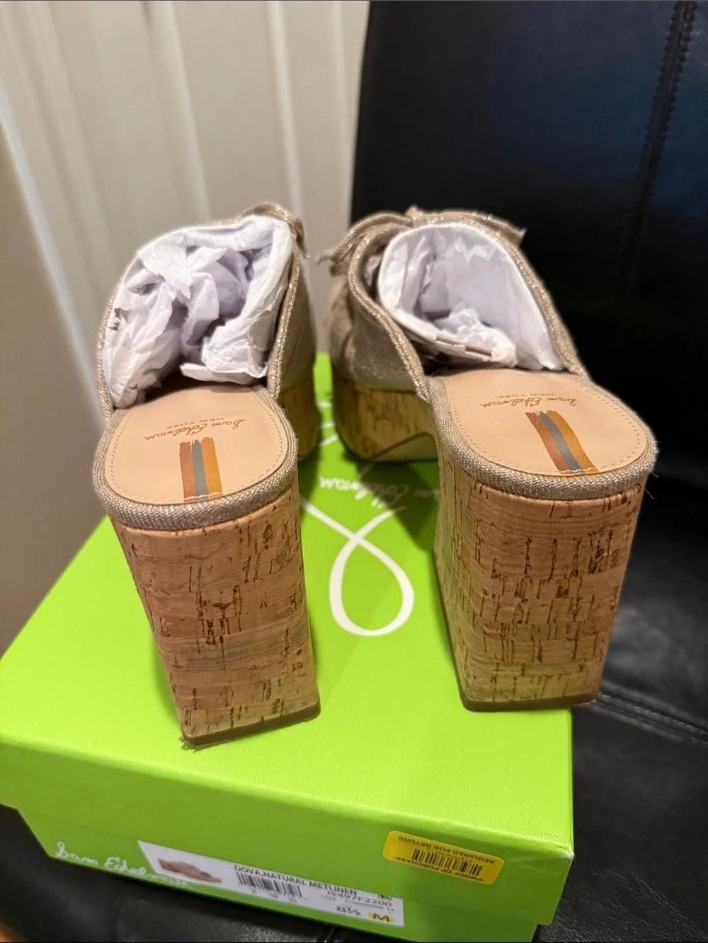 Sam Edelman Natural Beige Ruched Platform Mules with Cork Heel 8.5
